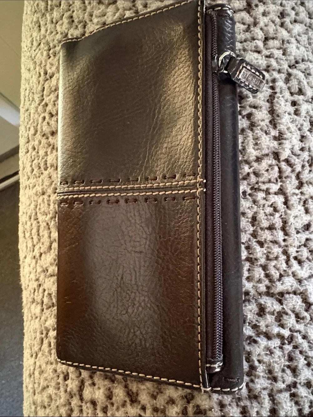 Fossil Clutch Trifold Black Leather Organizer Wallet VTG Stitch Accent